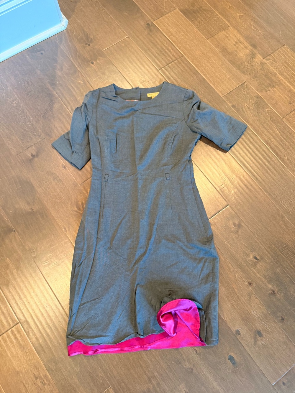 Ted Baker Short-Sleeve Sheath Dress in Charcoal with Pink Lining